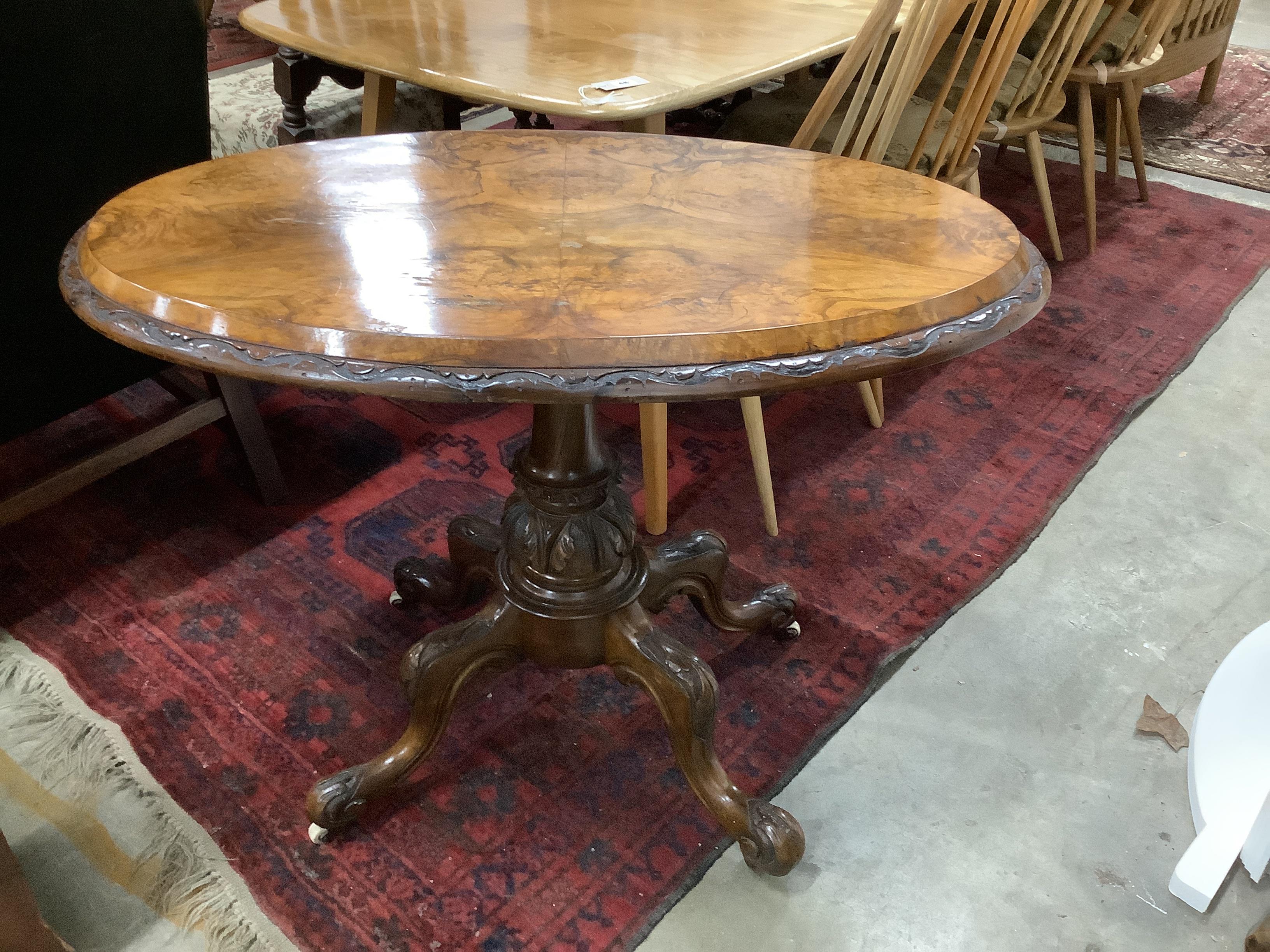 A Victorian oval burr walnut centre table, width 95cm, depth 57cm, height 72cm